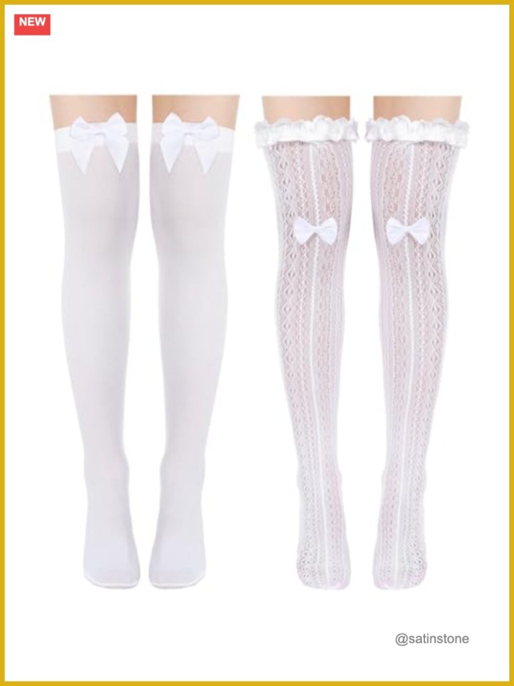 Over Knee Socks Rib Knit Lace Trim Bow White 2 Pair Women Socks